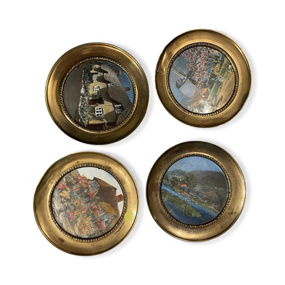 Brass Decorative Plates with Scenic Designs - set of 4